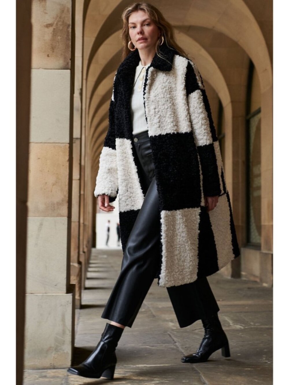 Jayley Checkered Black and White Faux Shearling Oversized Coat
